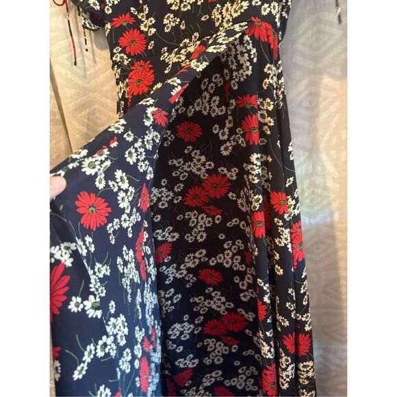 Madewell Floral Print Midi Dress Short Sleeve Tie Detail Black Red‎ Casual - Picture 7 of 13